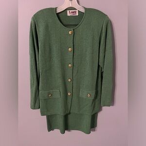 Vintage Laura by Alyzia Green Cardigan & Skirt Set with Gold Buttons 80s Preppy